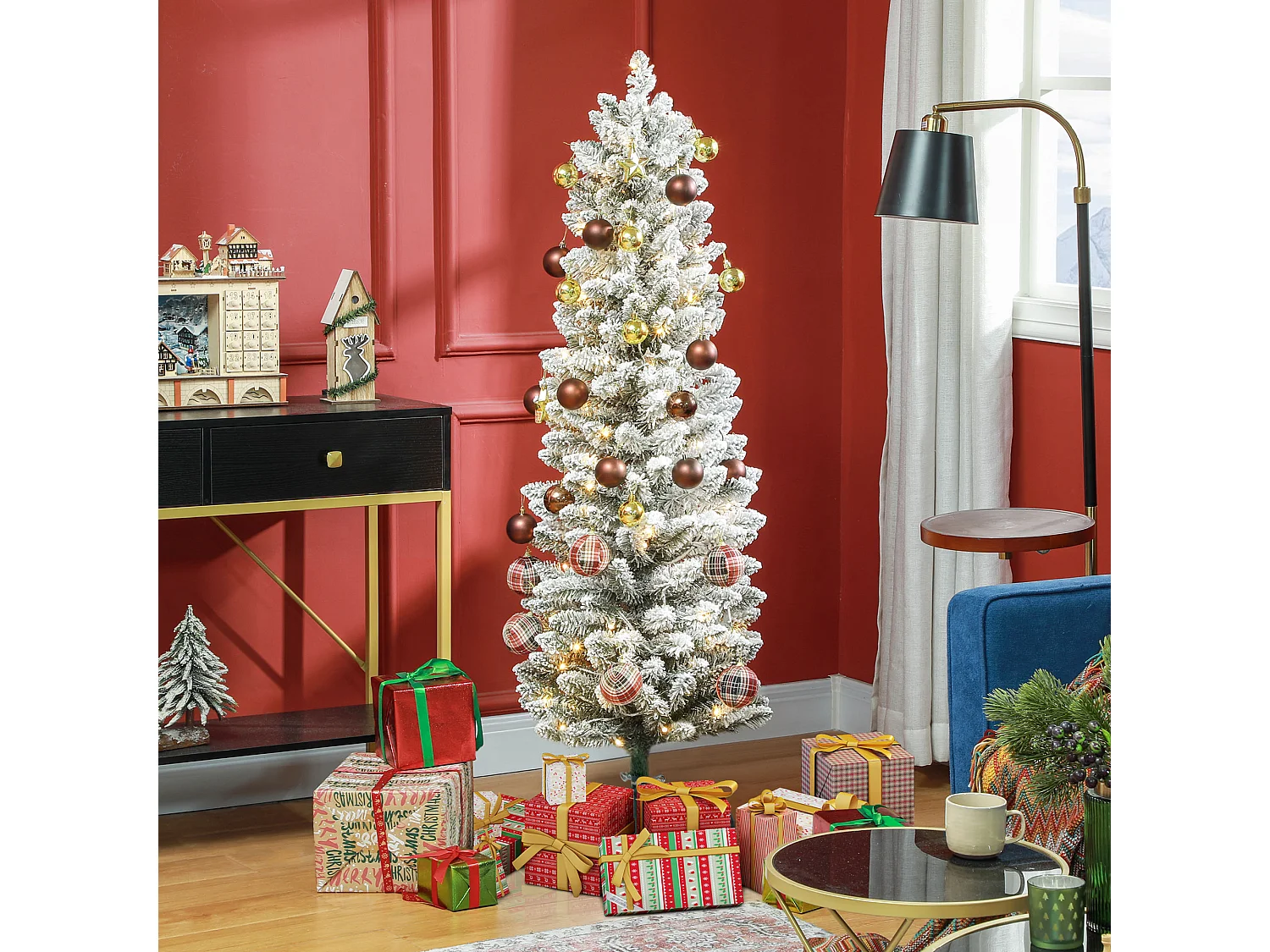 Albero di Natale innevato alto e stretto con luci led Ø45x150 cm