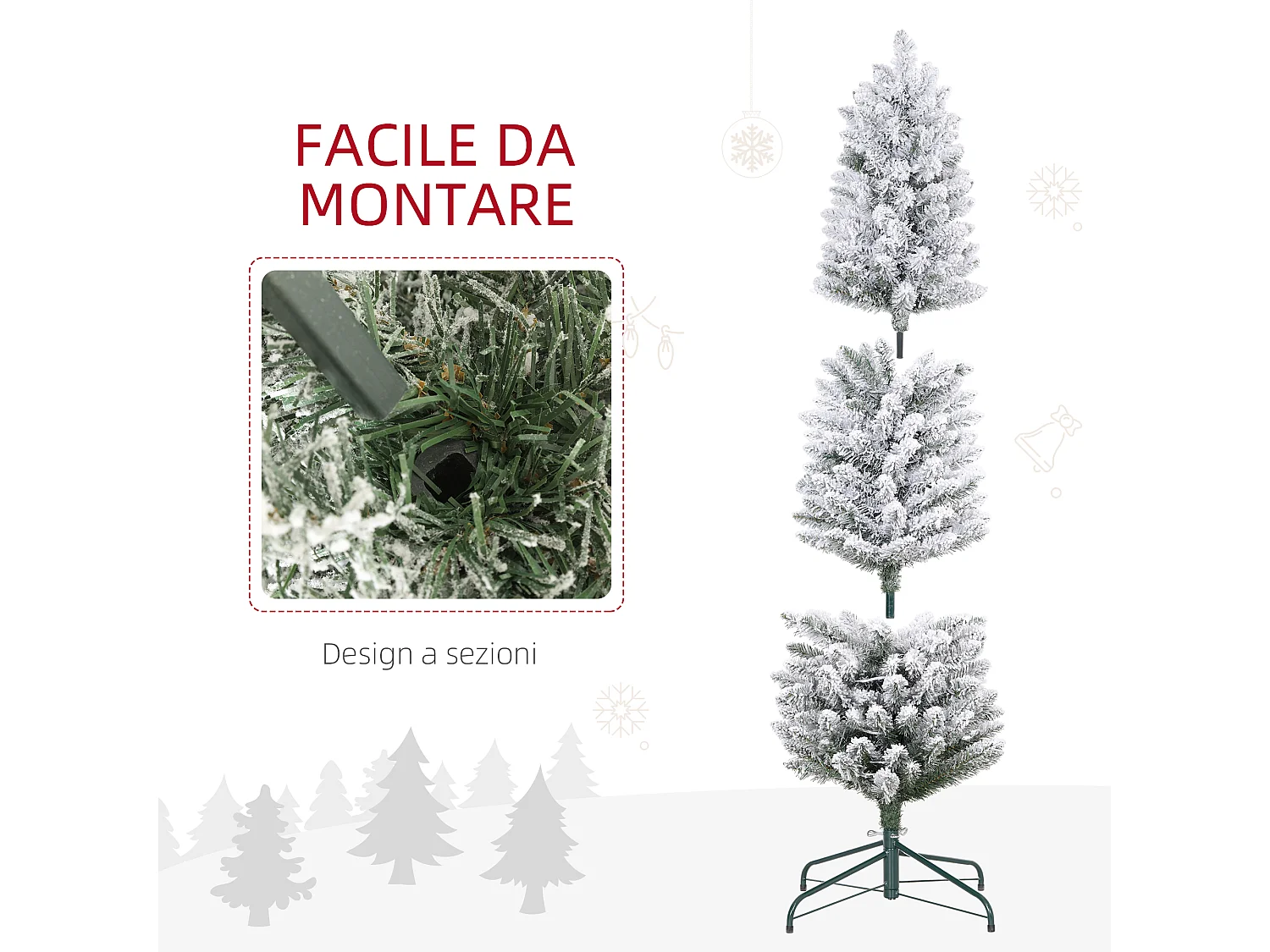 Albero di Natale innevato alto e stretto con luci led Ø45x150 cm