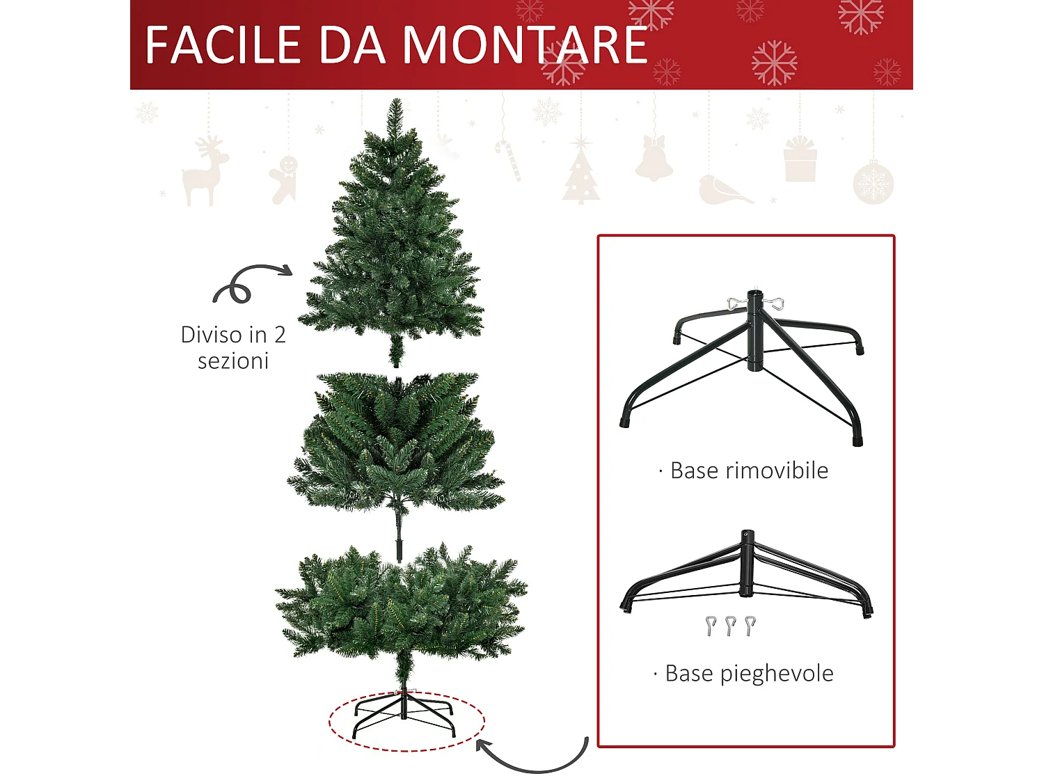 Albero di natale artificiale in pvc con base 724 rami φ90x180cm