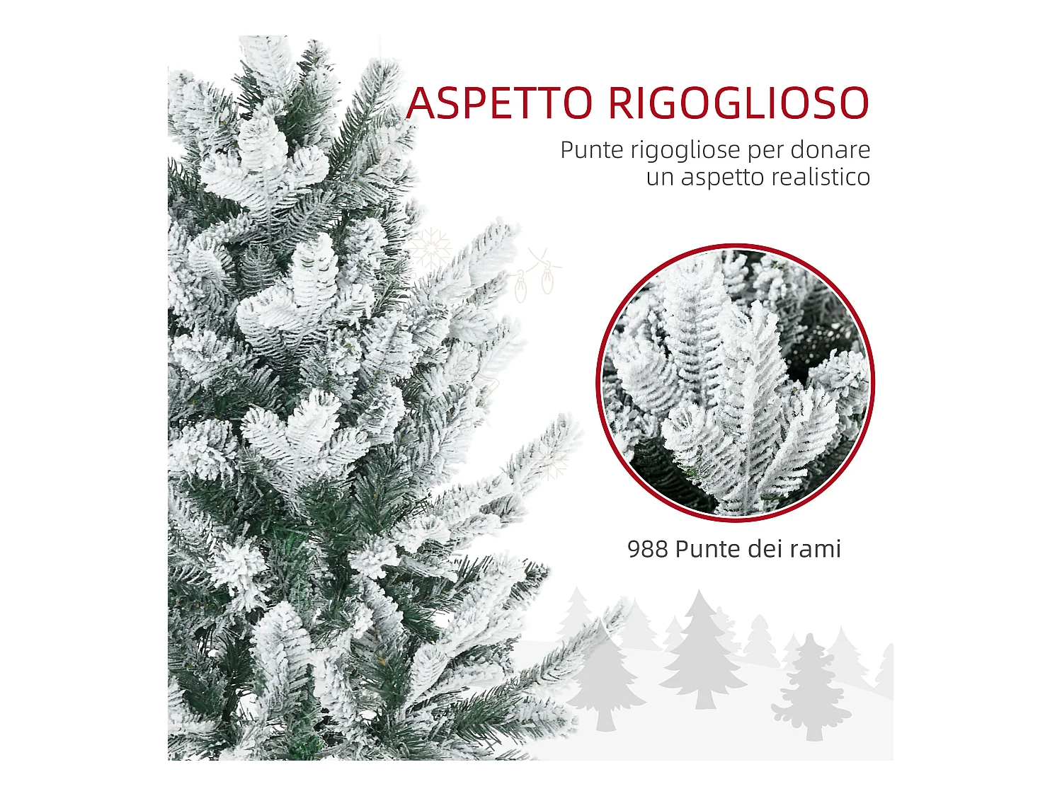 Albero di Natale Innevato 225cm con 988 Rami e Base in Acciaio