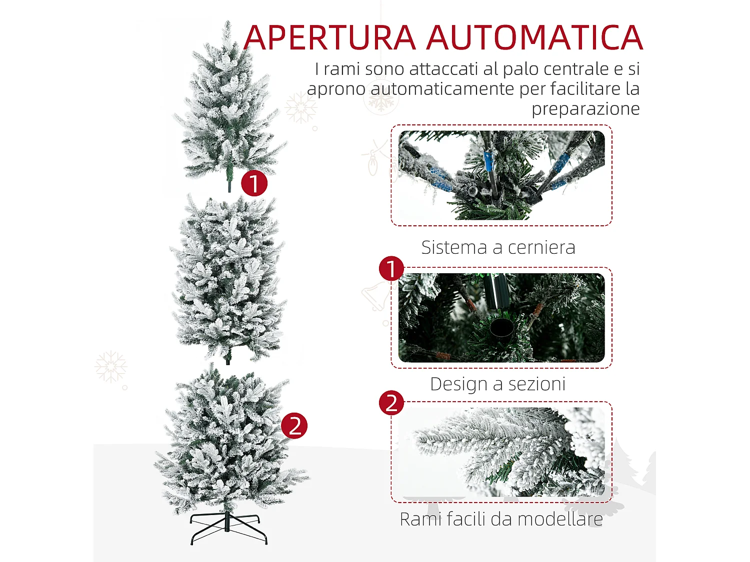 Albero di Natale Innevato 225cm con 988 Rami e Base in Acciaio