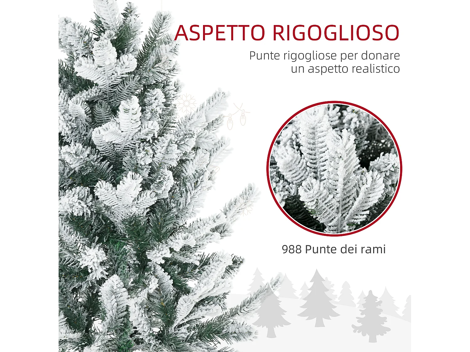 Albero di Natale Innevato 225cm con 988 Rami e Base in Acciaio