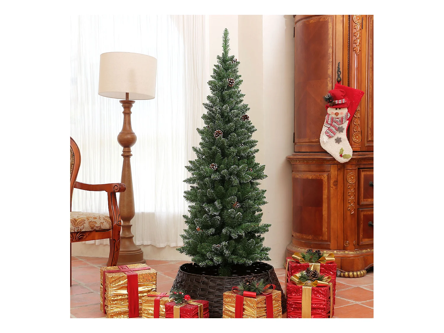 Albero di natale innevato alto 150cm con pigne e base in acciaio