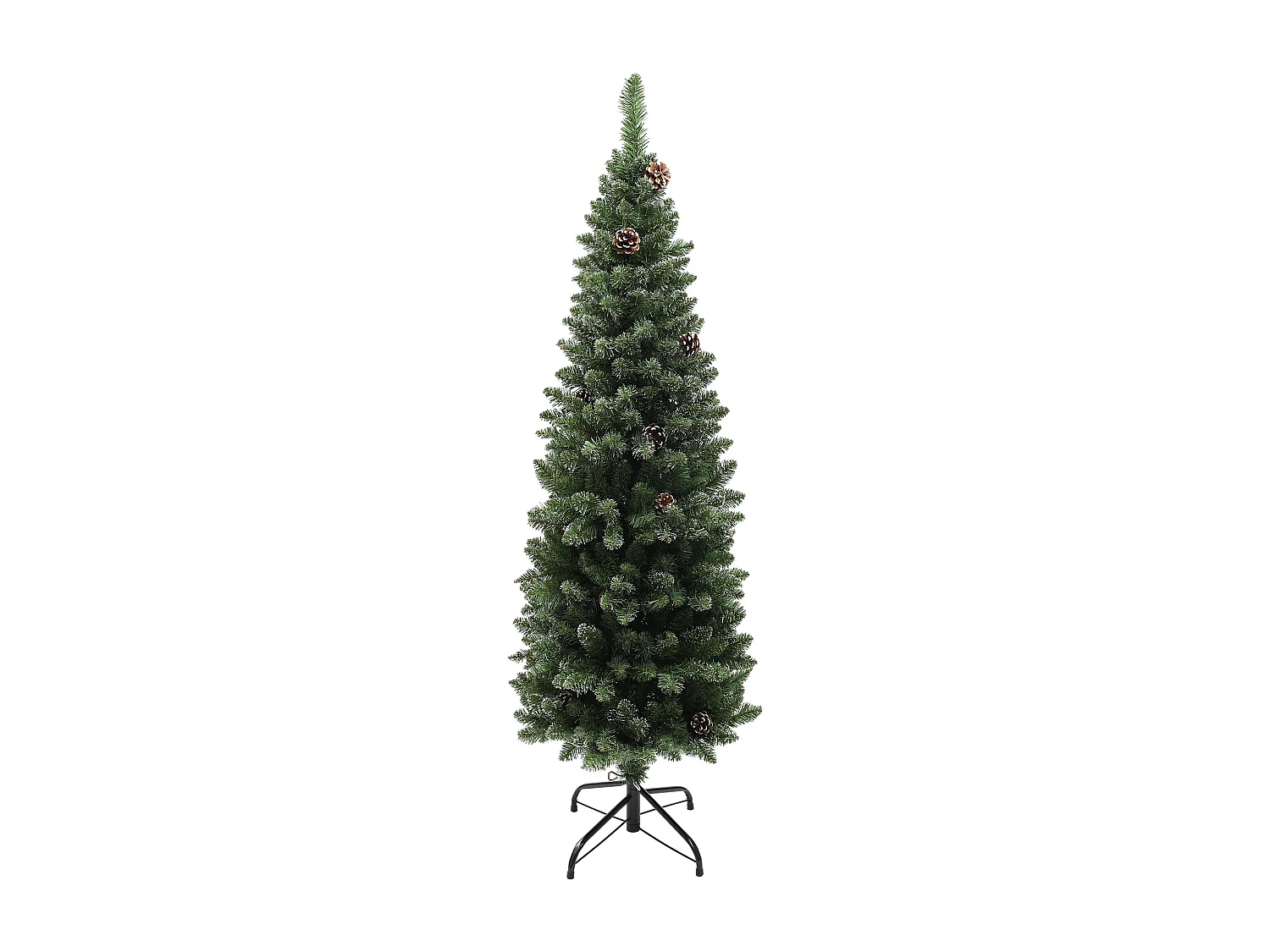 Albero di natale innevato alto 150cm con pigne e base in acciaio