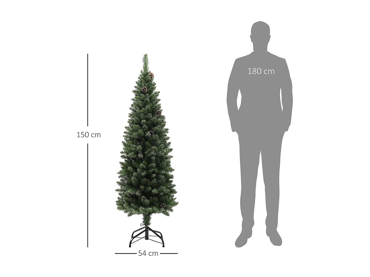 Albero di natale innevato alto 150cm con pigne e base in acciaio