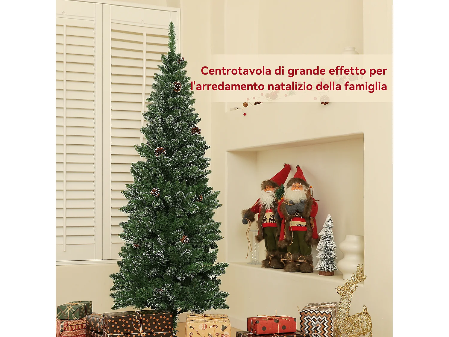 Albero di natale innevato alto 150cm con pigne e base in acciaio