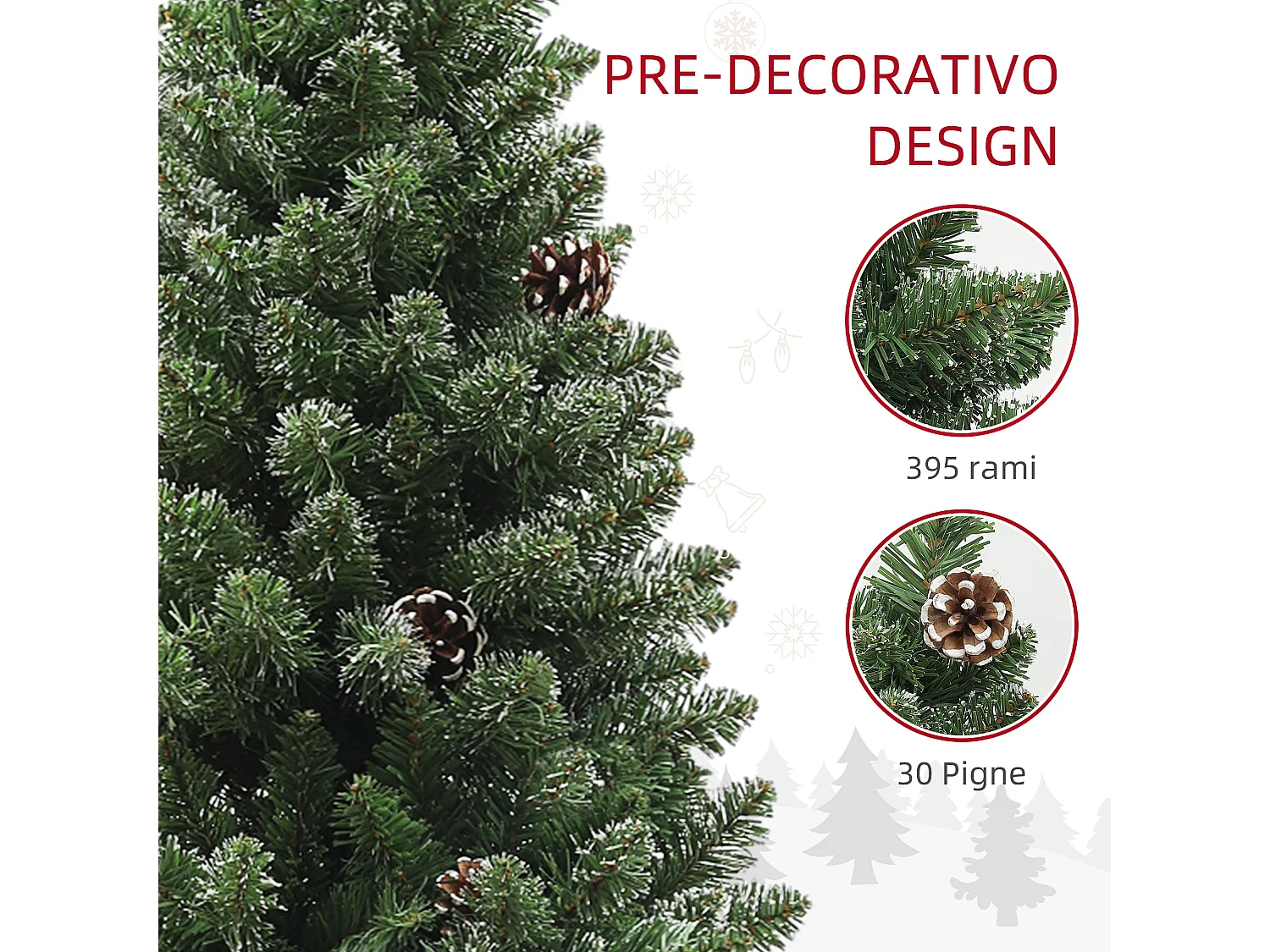 Albero di natale innevato alto 150cm con pigne e base in acciaio