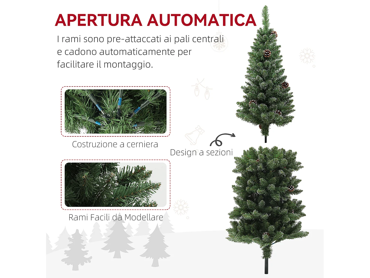 Albero di natale innevato alto 150cm con pigne e base in acciaio