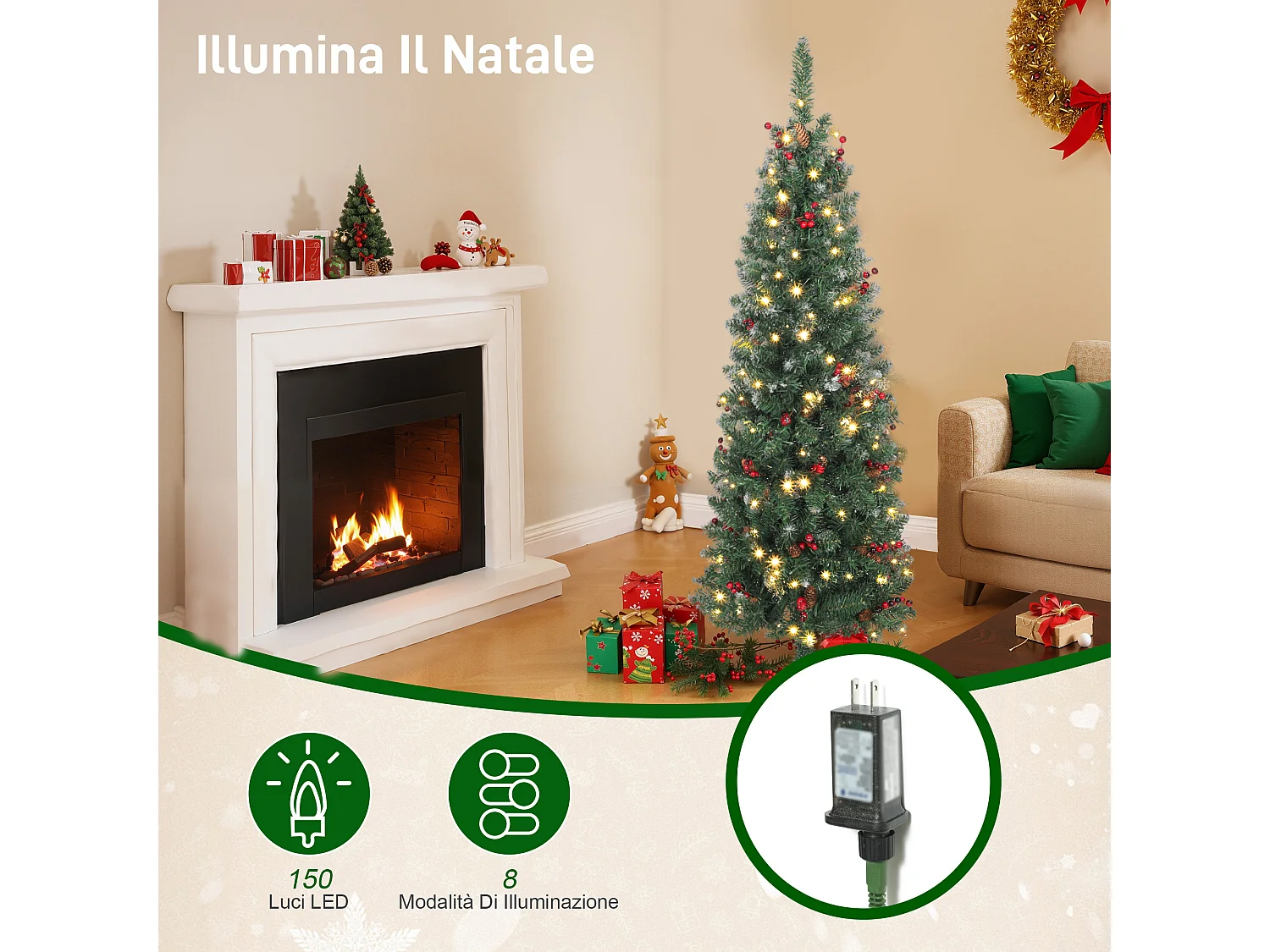 Albero di natale illuminato con 150 luci led e 311 rami Ø60x150 cm