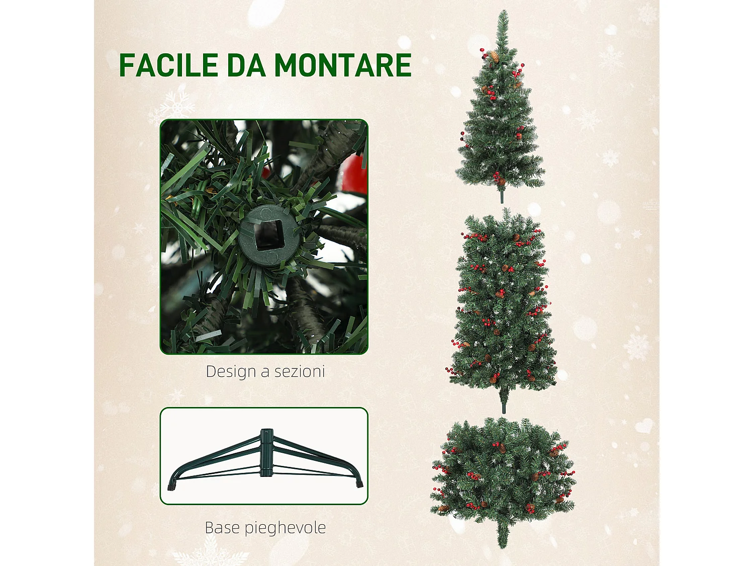 Albero di natale illuminato con 150 luci led e 311 rami Ø60x150 cm