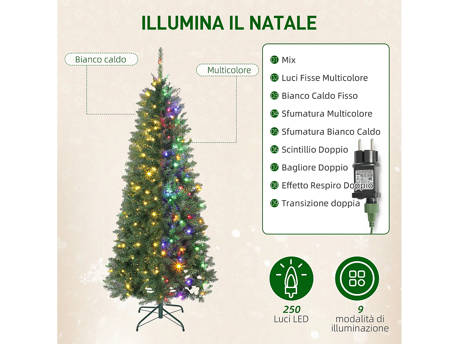 Albero di Natale alto 180 cm con 250 luci bianche e colorate