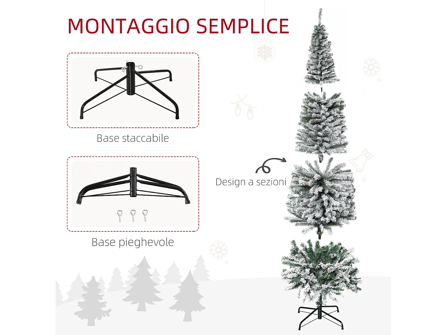Albero di natale innevato con 738 rami e base in acciaio Ø68x225 cm