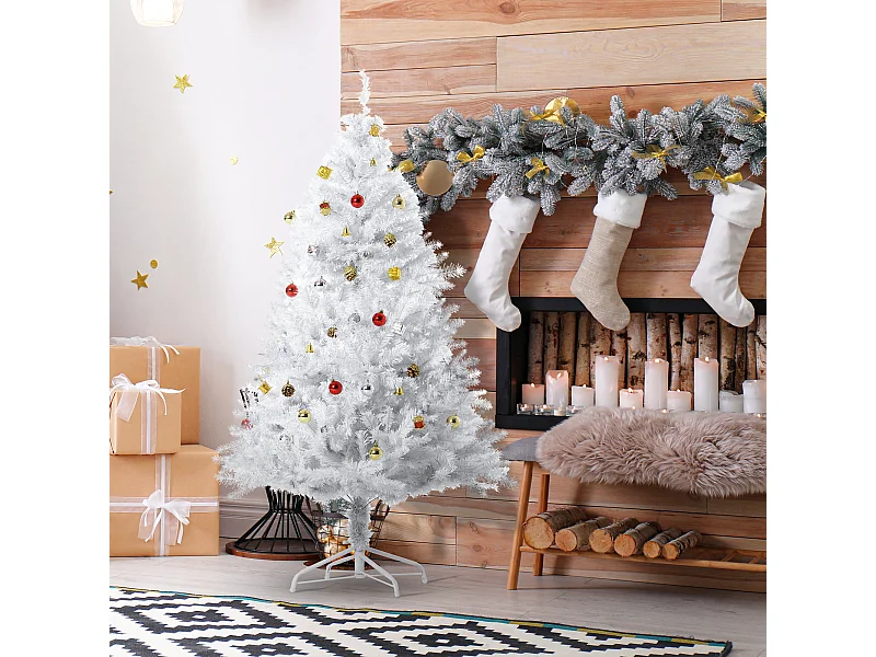 Albero di natale con addobbi e rami in pvc bianco