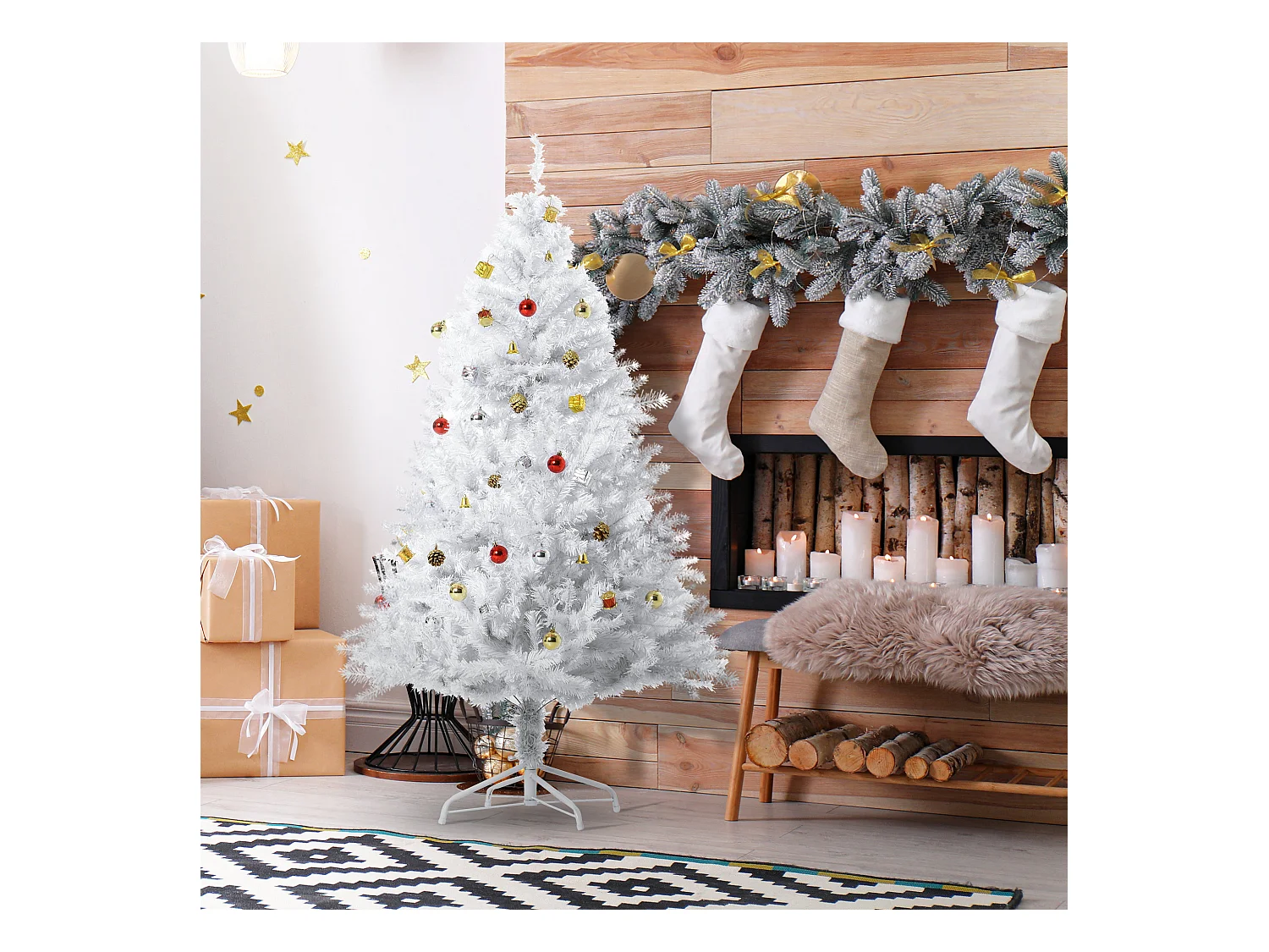 Albero di natale con addobbi e rami in pvc bianco
