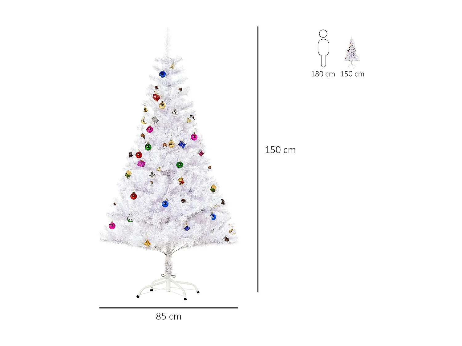 Albero di natale con addobbi e rami in pvc bianco