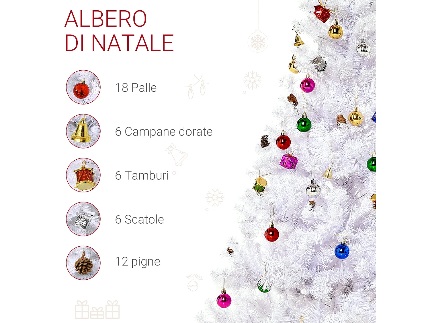 Albero di natale con addobbi e rami in pvc bianco