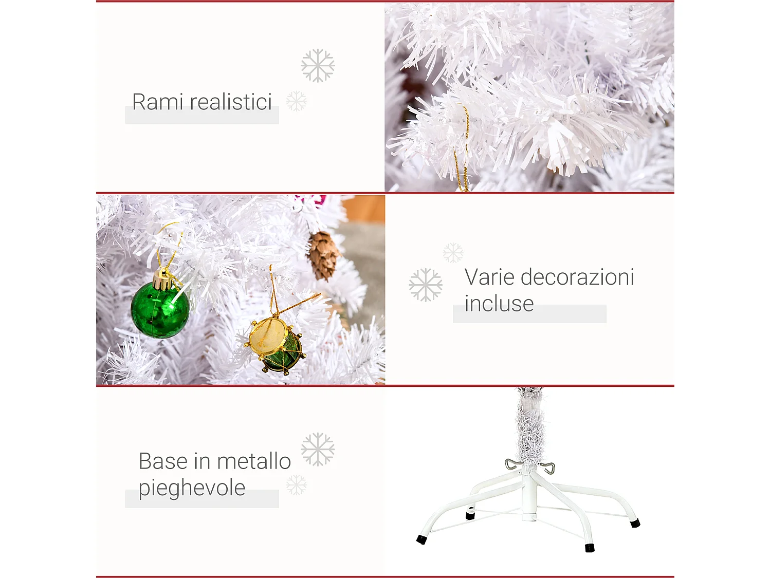Albero di natale con addobbi e rami in pvc bianco