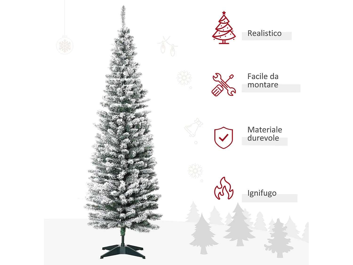 Albero artificiale innevato con rami e base rimovibile in pvc bianco