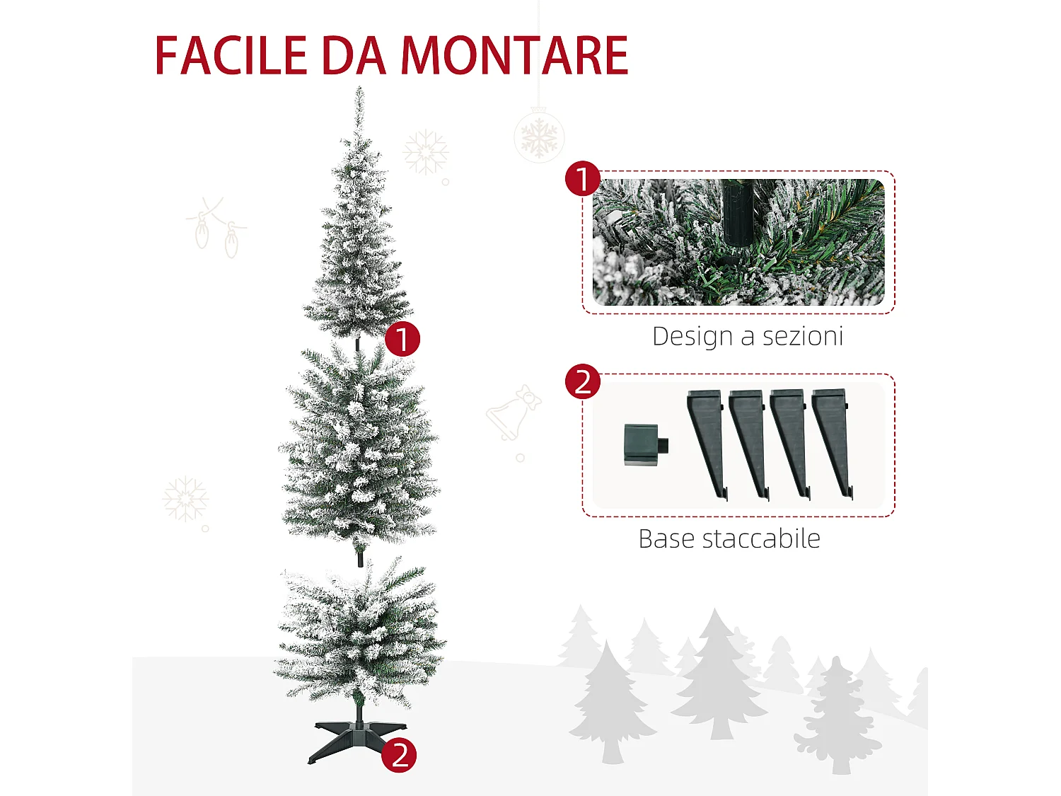 Albero artificiale innevato con rami e base rimovibile in pvc bianco