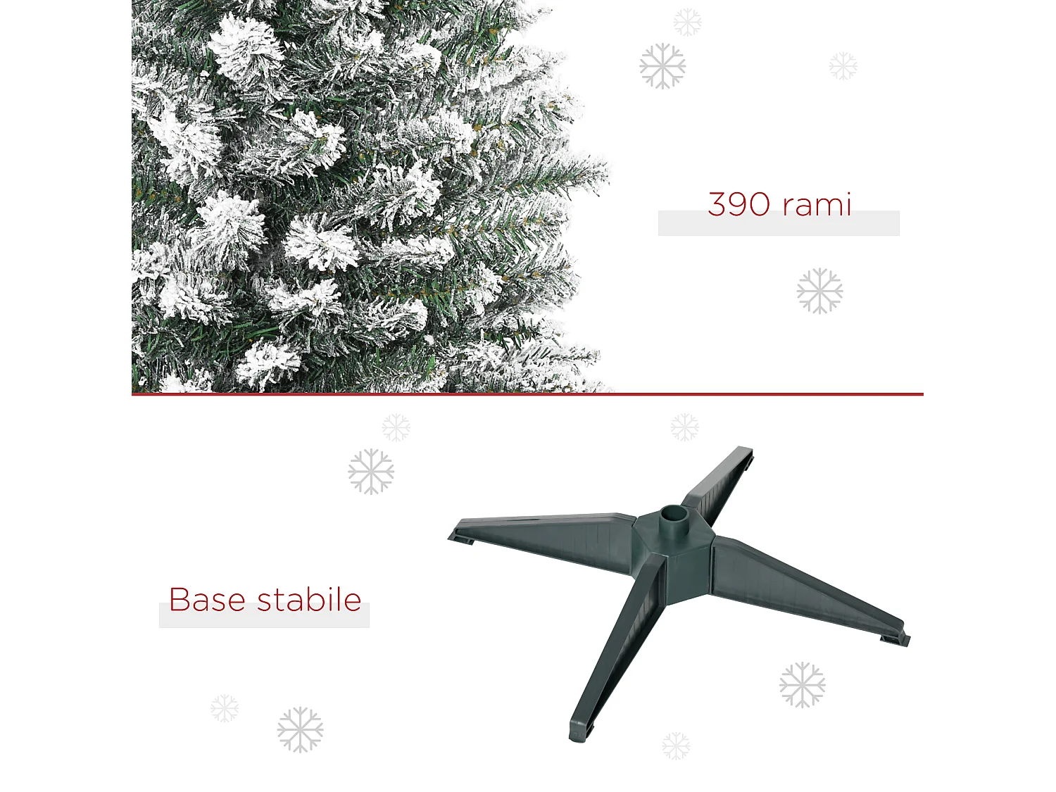 Albero artificiale innevato con rami e base rimovibile in pvc bianco