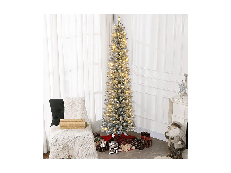 Albero di Natale innevato alto e stretto con luci led Ø57x210 cm