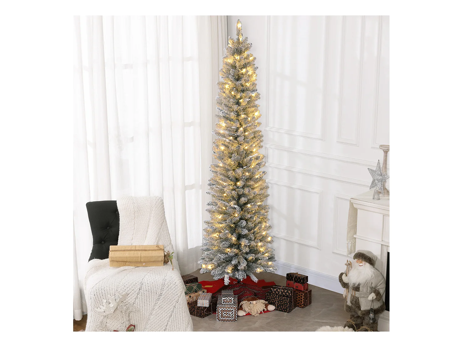 Albero di Natale innevato alto e stretto con luci led Ø57x210 cm