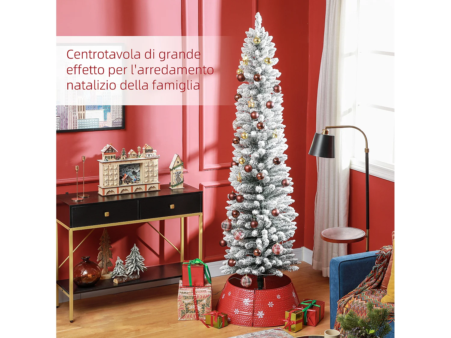 Albero di Natale innevato alto e stretto con luci led Ø57x210 cm