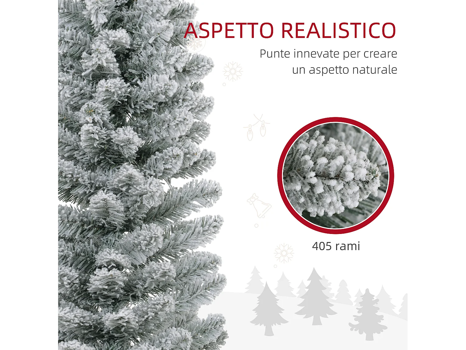 Albero di Natale innevato alto e stretto con luci led Ø57x210 cm