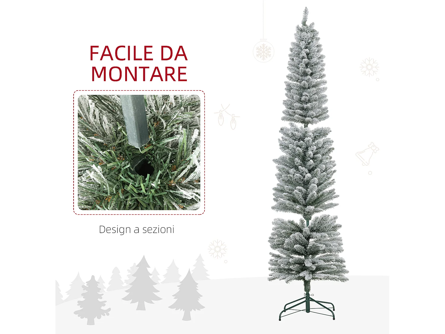 Albero di Natale innevato alto e stretto con luci led Ø57x210 cm