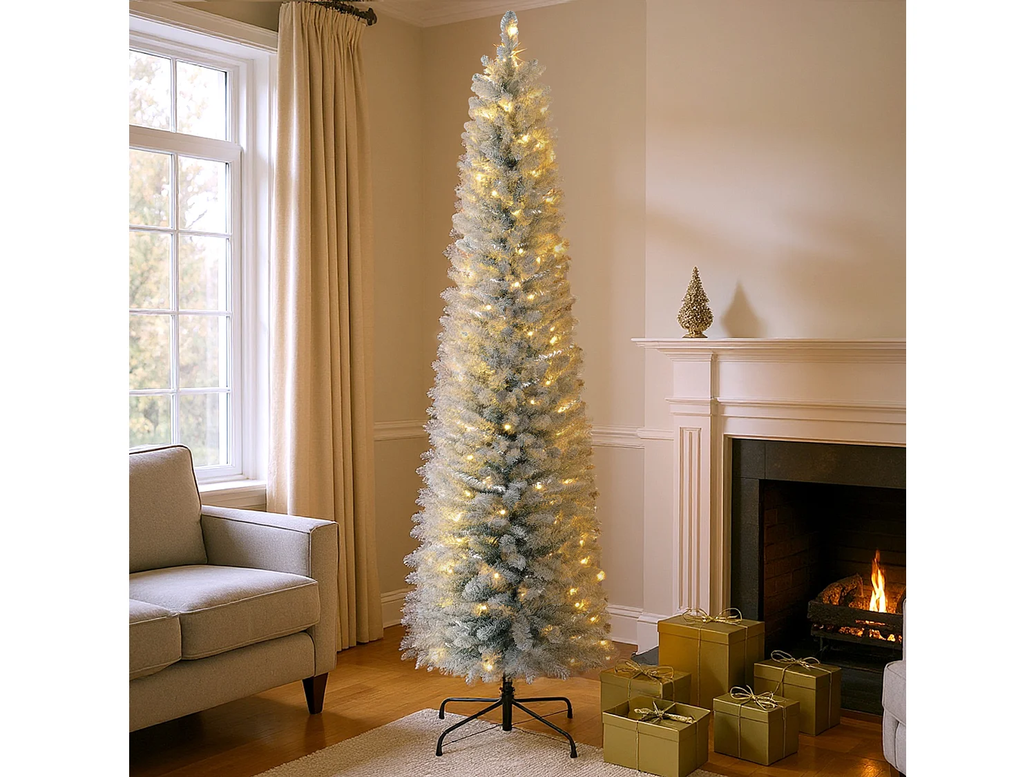 Albero di Natale innevato alto e stretto con luci led Ø57x210 cm