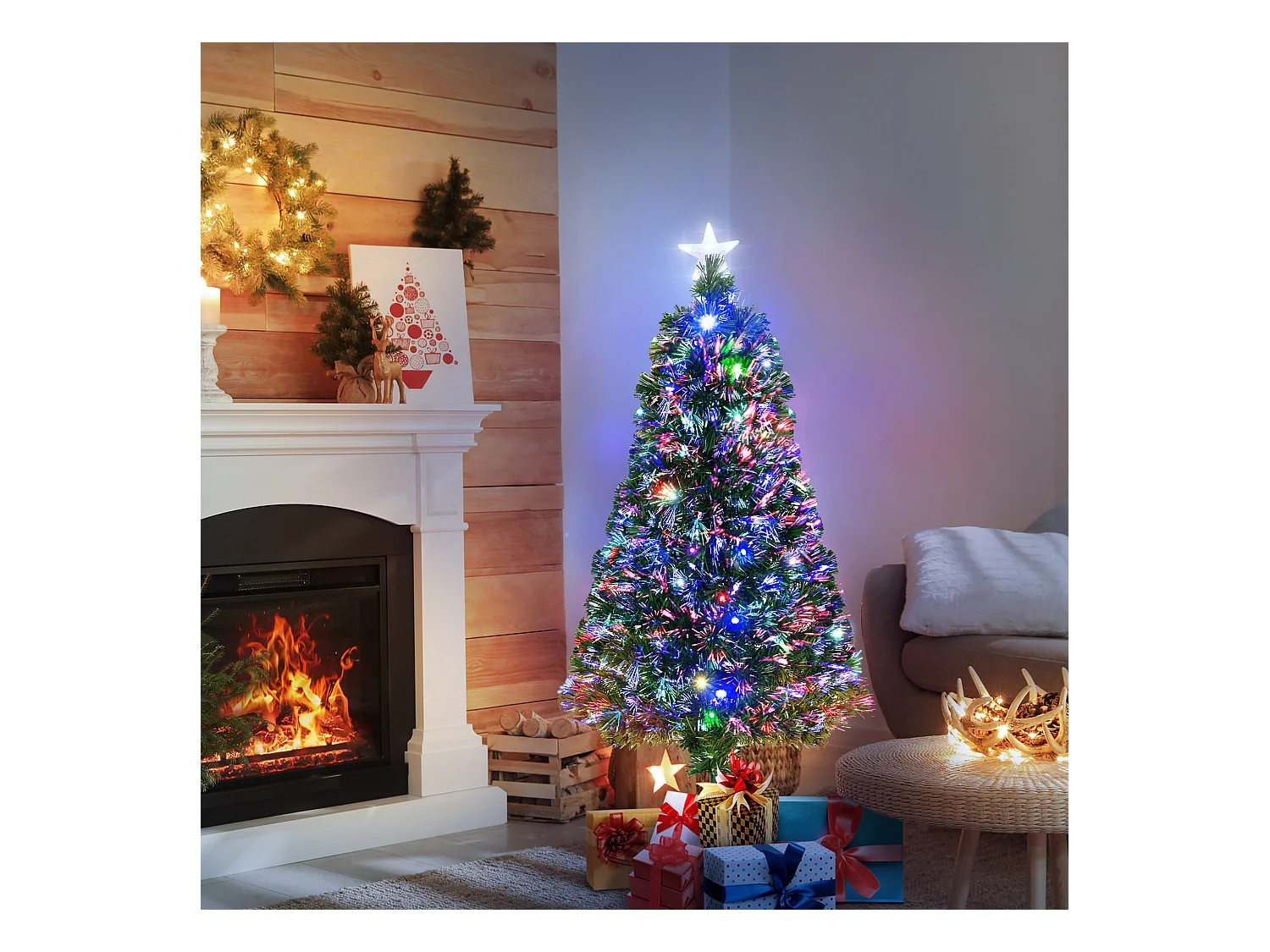 Albero di natale a fibre ottiche con luci led in metallo verde