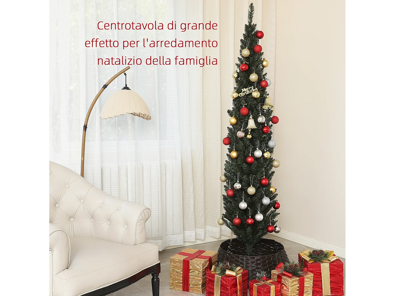 Albero di natale artificiale slim alto 195cm con 390 rami