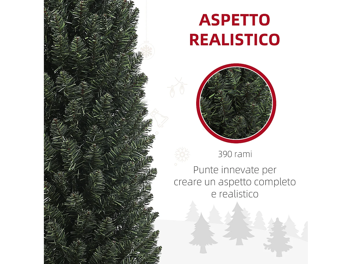 Albero di natale artificiale slim alto 195cm con 390 rami
