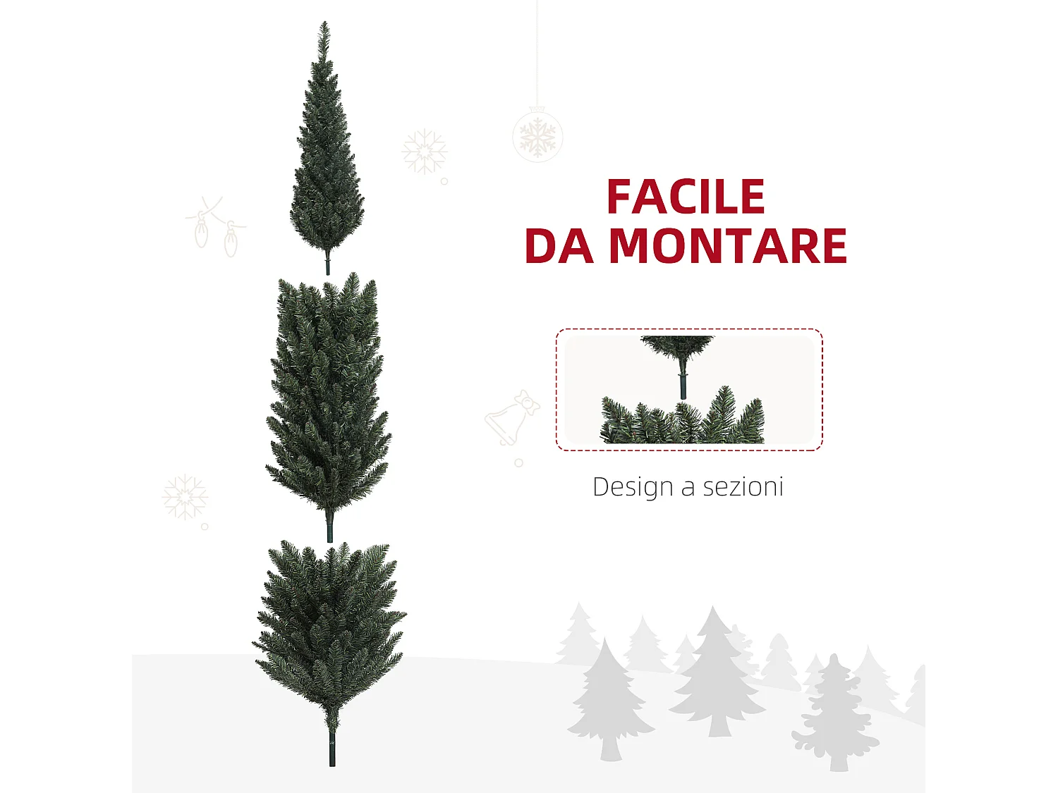 Albero di natale artificiale slim alto 195cm con 390 rami