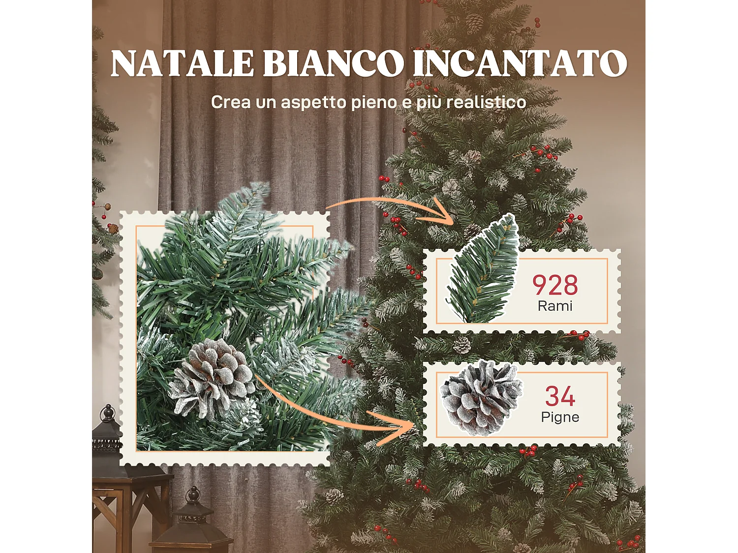 Albero di natale alto 210 cm con 928 rami pigne e bacche decorative