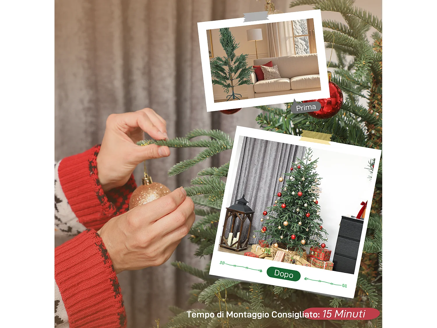 Albero di natale artificiale alto 150 cm e base in metallo pieghevole