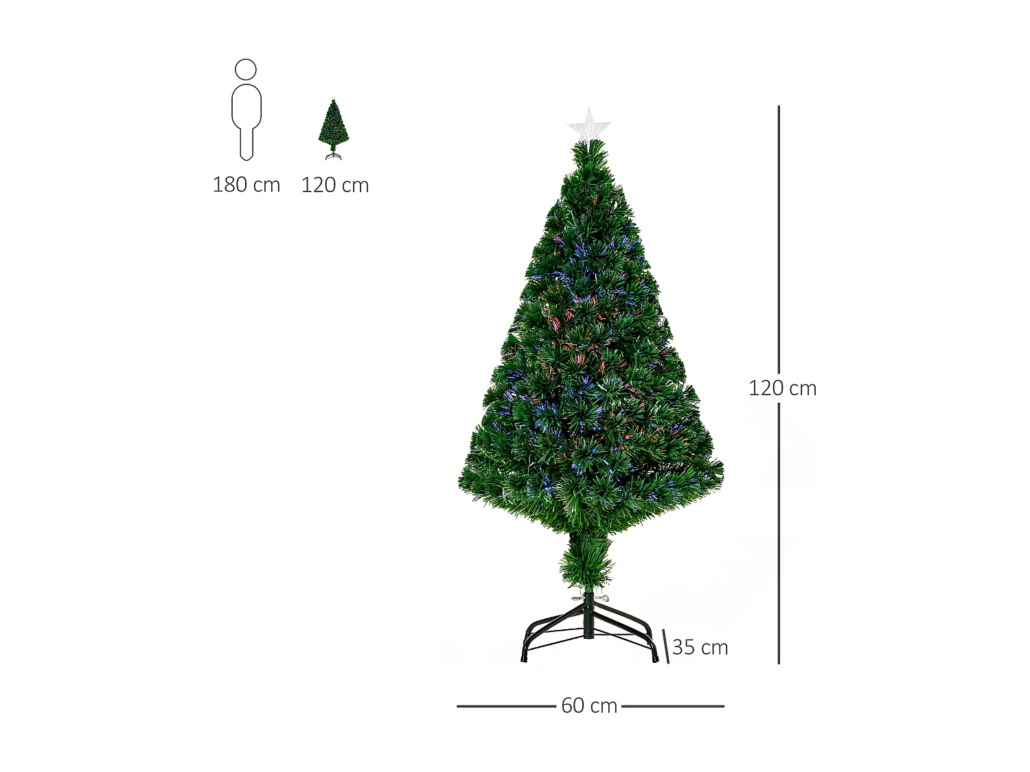 Albero di natale artificiale con fibre ottiche e led in pvc verde