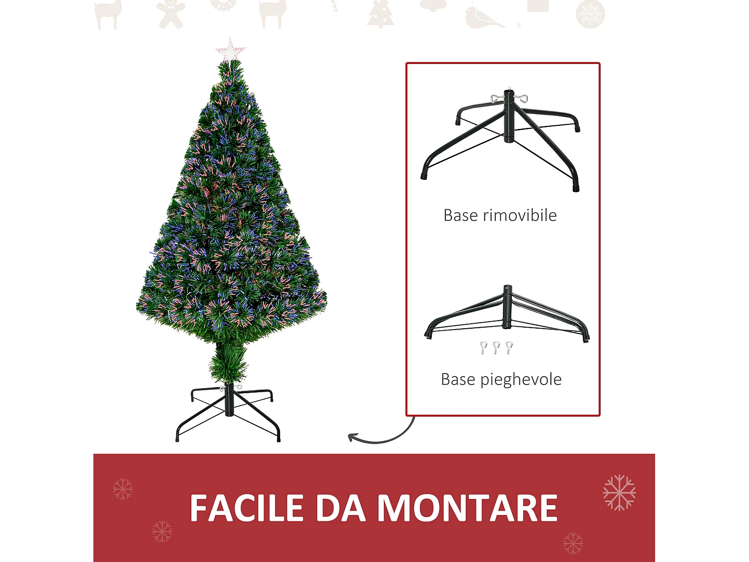 Albero di natale artificiale con fibre ottiche e led in pvc verde