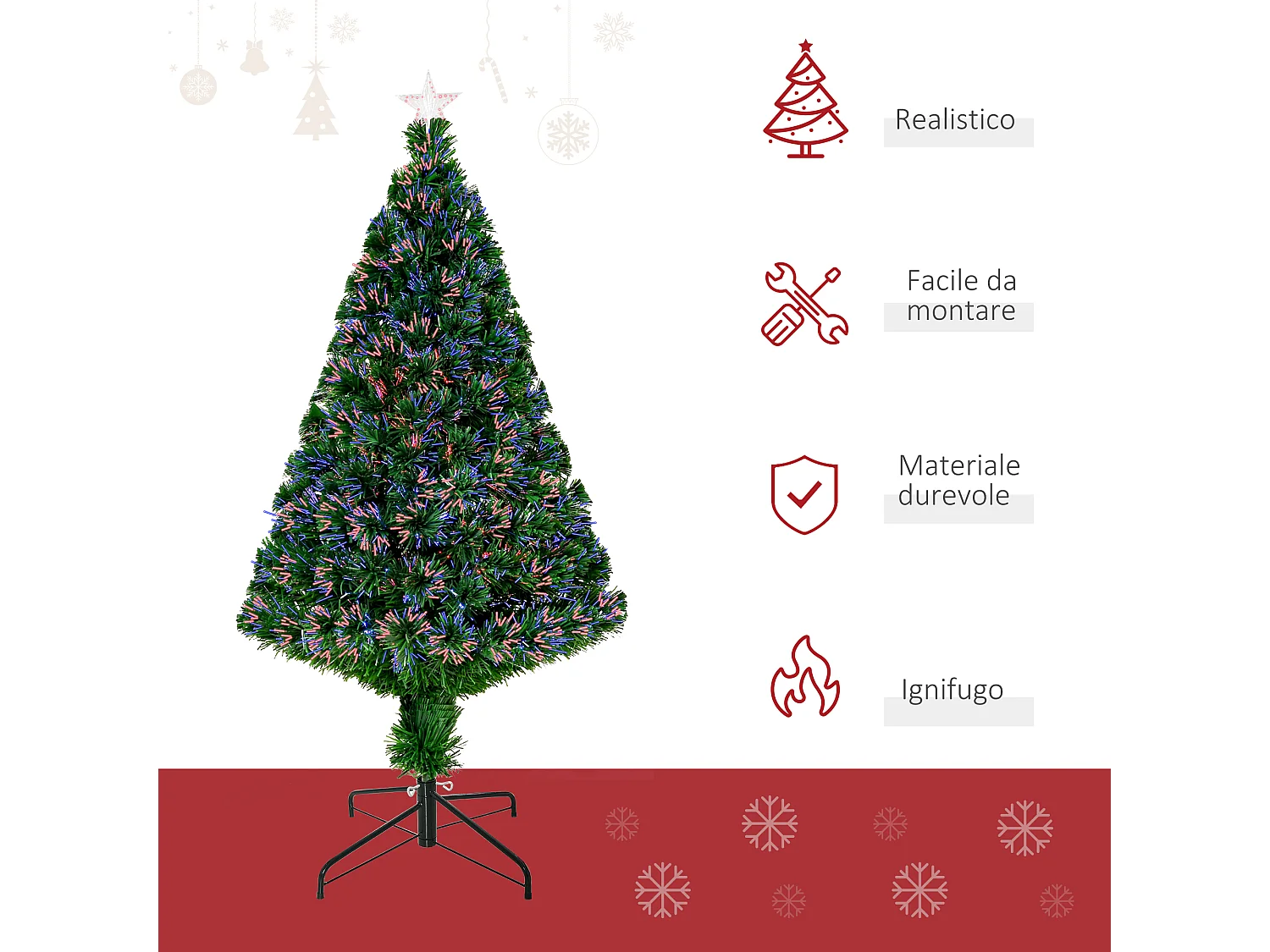 Albero di natale artificiale con fibre ottiche e led in pvc verde