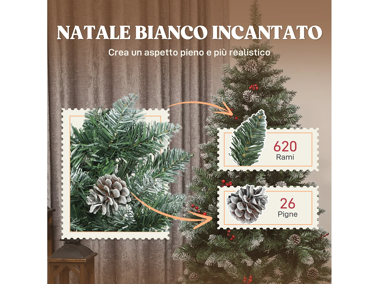 Albero di natale alto 180 cm con 620 rami pigne e bacche decorative