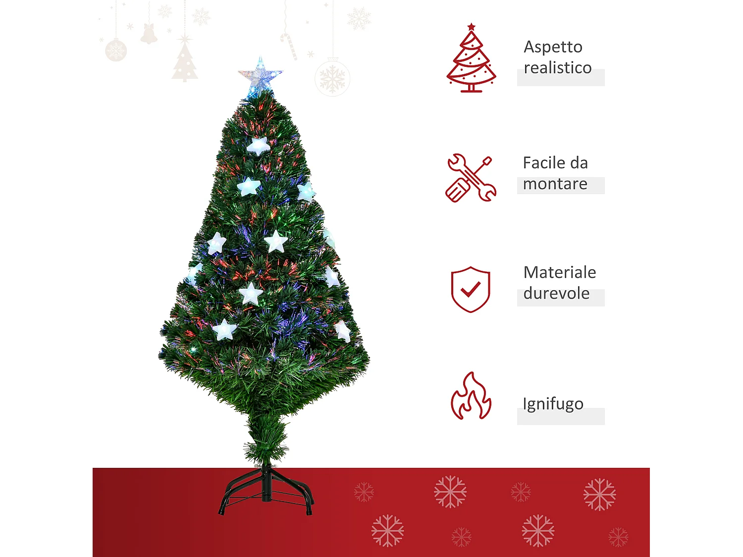 Albero di natale artificiale 120cm fibra ottica e 16 luci led