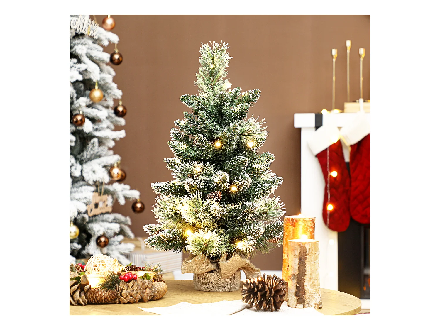Mini albero di Natale alto 60 cm con luci led bianche e rami con pigne