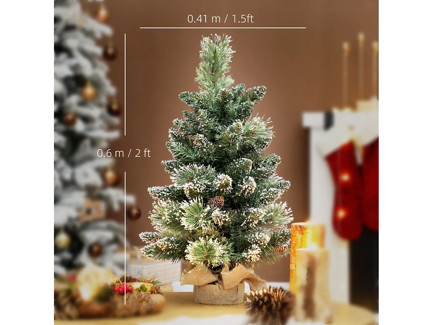 Mini albero di Natale alto 60 cm con luci led bianche e rami con pigne