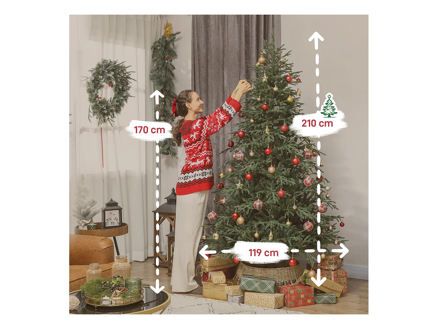 Albero di Natale artificiale alto 210 cm e base in metallo pieghevole