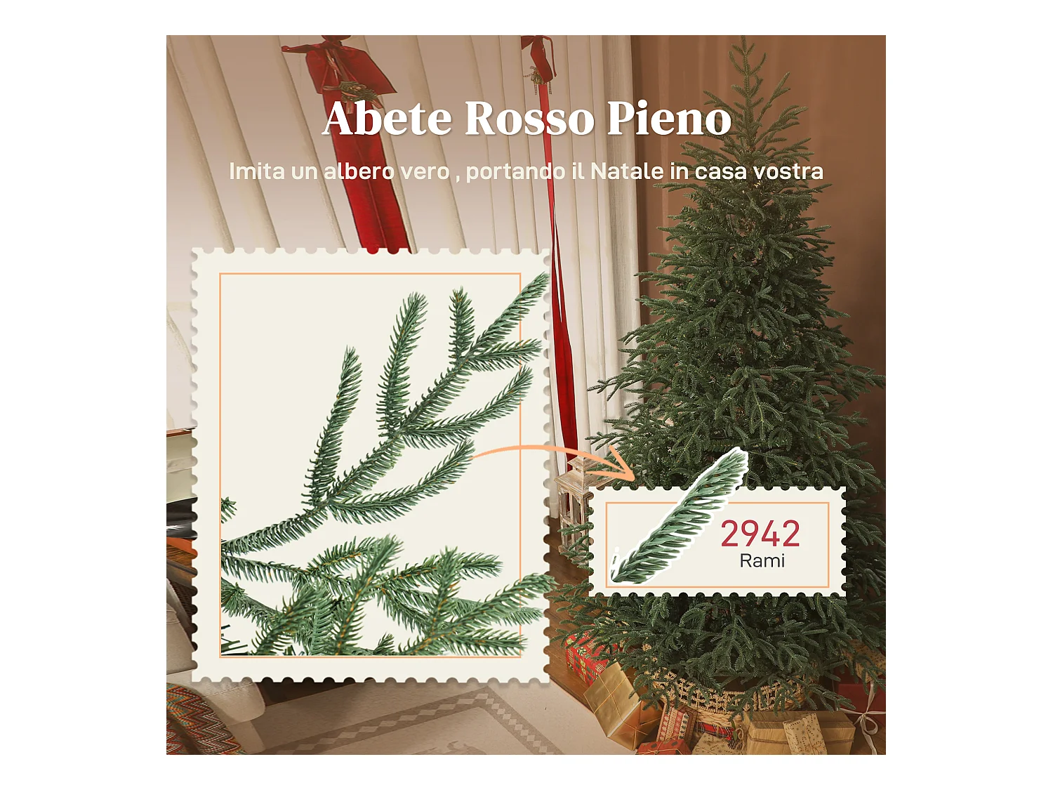 Albero di Natale artificiale alto 210 cm e base in metallo pieghevole