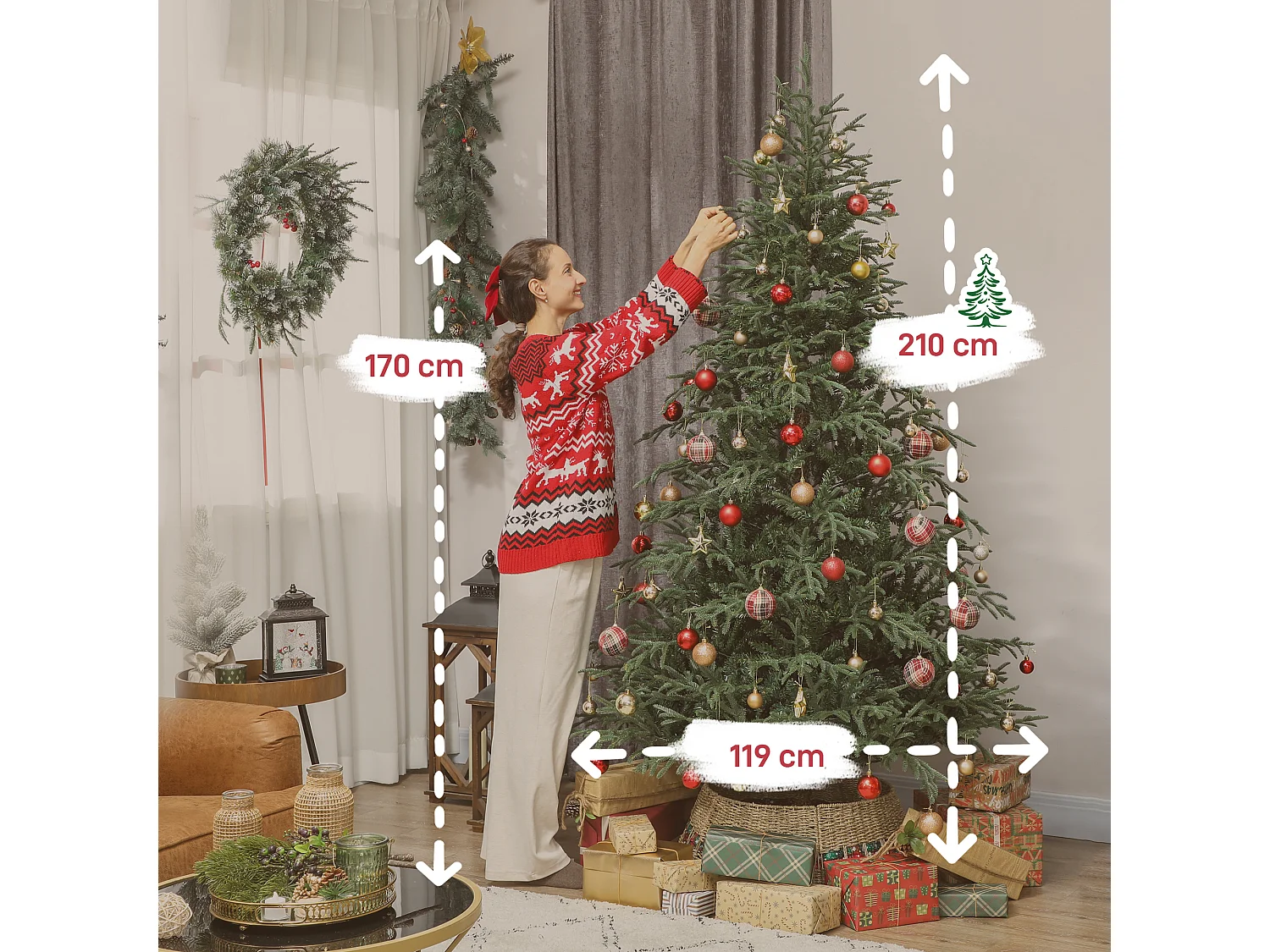 Albero di Natale artificiale alto 210 cm e base in metallo pieghevole