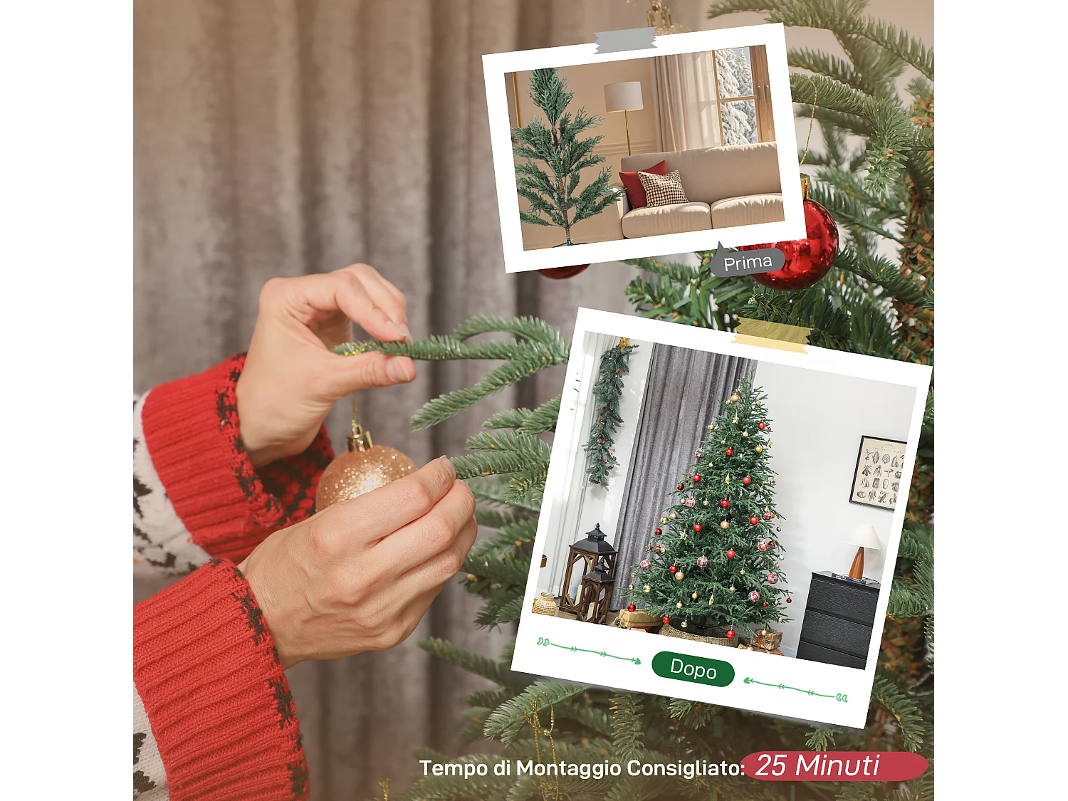 Albero di Natale artificiale alto 210 cm e base in metallo pieghevole