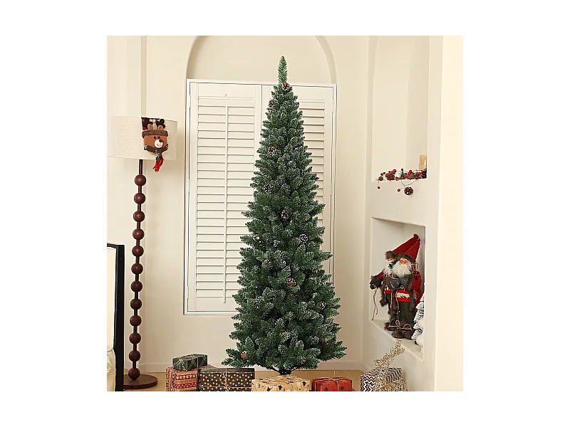 Albero di natale innevato alto 180cm con pigne e base in acciaio