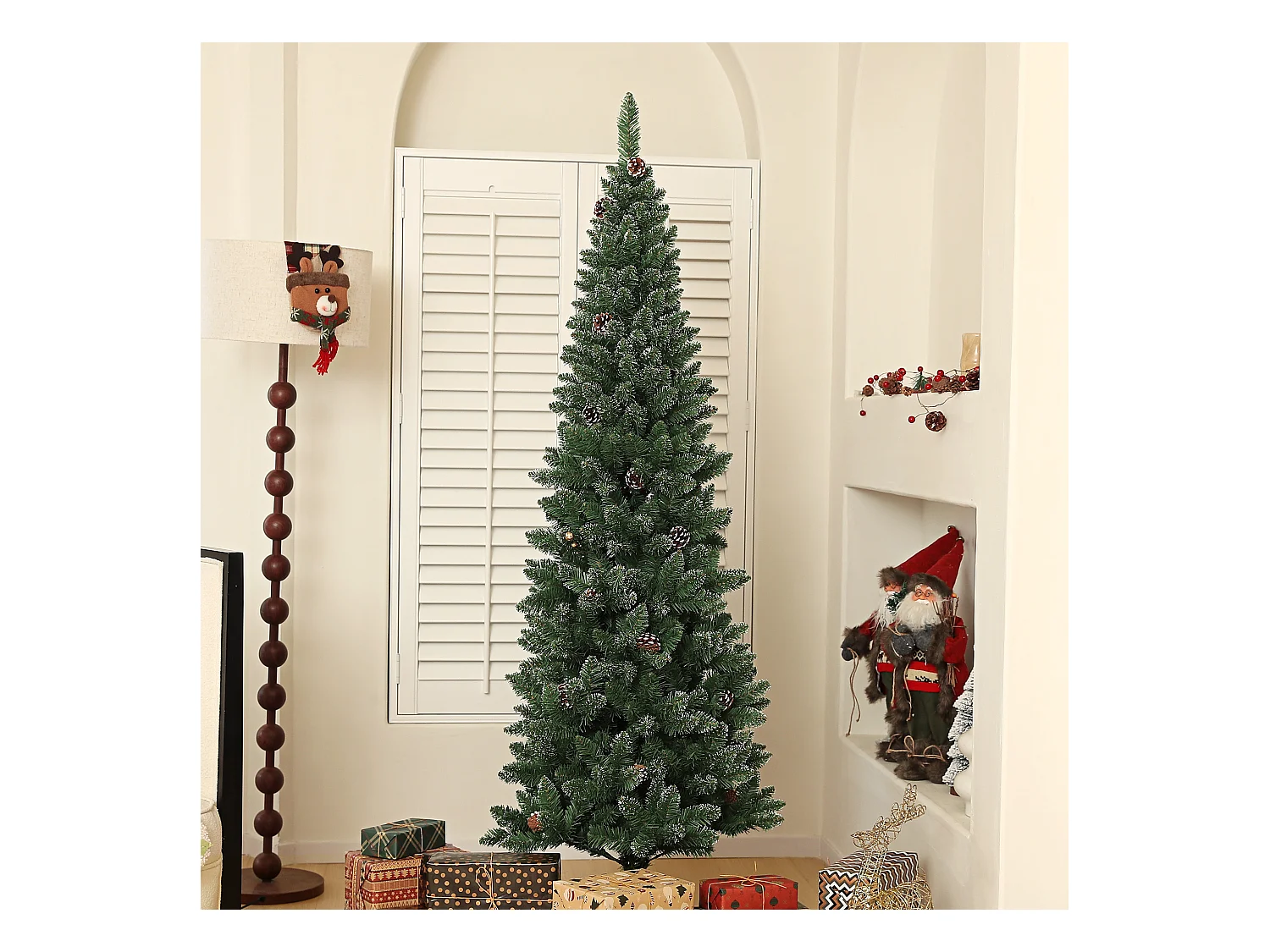 Albero di natale innevato alto 180cm con pigne e base in acciaio