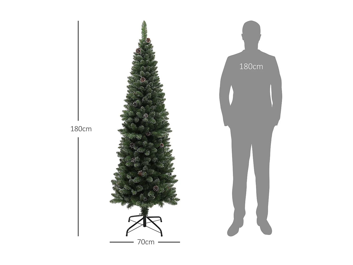 Albero di natale innevato alto 180cm con pigne e base in acciaio